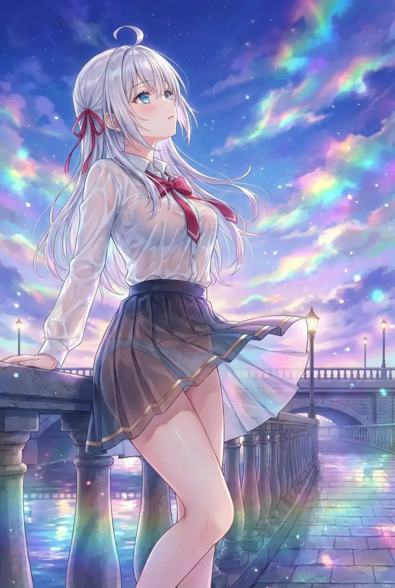 【アーリャ】虹色に輝く夜空と濡れ透け制服姿