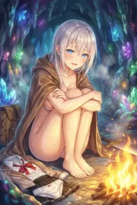 【アーリャ】洞窟で焚き火。湯気の立つ神秘的な一時