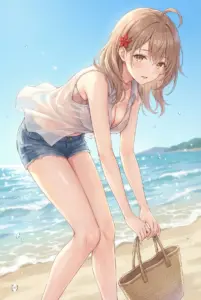 【マーシャ】夏の海辺で濡れたシャツ姿
