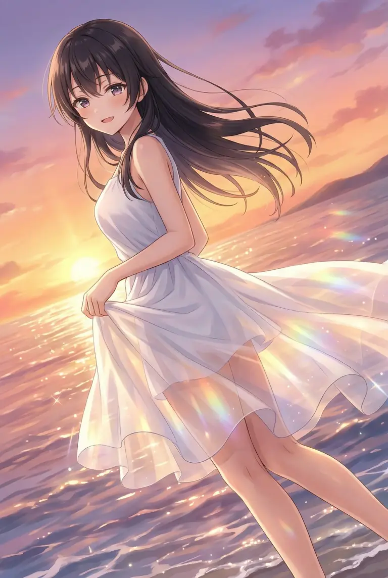 【周防 有希】夕日に輝く渚の白いドレス