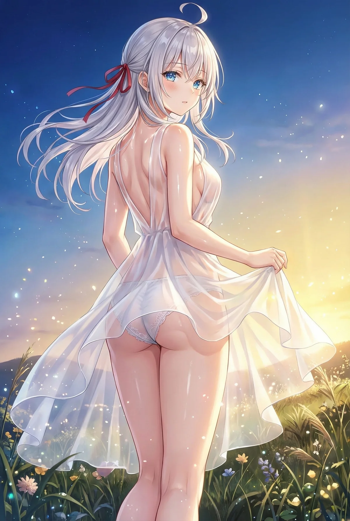 Alya in a sheer white dress under a magical sunset. Her captivating pose and delicate lace create an alluring, dreamlike vision.