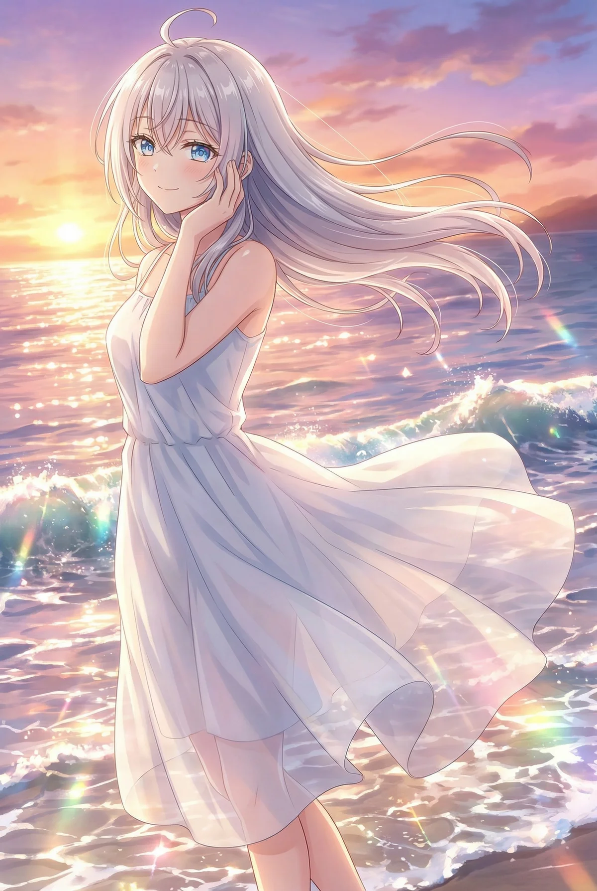 Alya (Alisa Mikhailovna Kujou) from "Alya Sometimes Hides Her Feelings in Russian" on a beautiful sunset beach. Her white dress and gentle smile are bathed in the golden light reflecting off the shimmering waves.