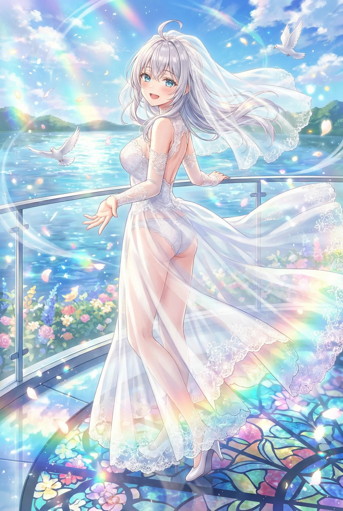 Alisa Kujou from "Alya Sometimes Sweetly Hides Her Feelings in Russian" (Roshidere) radiates happiness in her pure white wedding dress. A rainbow, doves, and petals complete this magical and blessed scene.