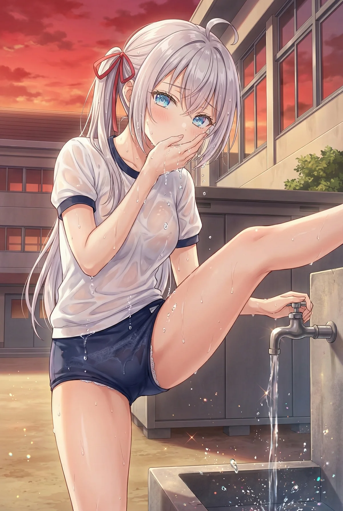 Arisa Kujou (Alya) from "Roshidere" cools off in a wet gym uniform at sunset. Her fresh look and glistening water are captivating.