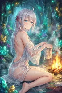 【アーリャ】洞窟の秘湯で濡れ肌、はにかむアーリャ