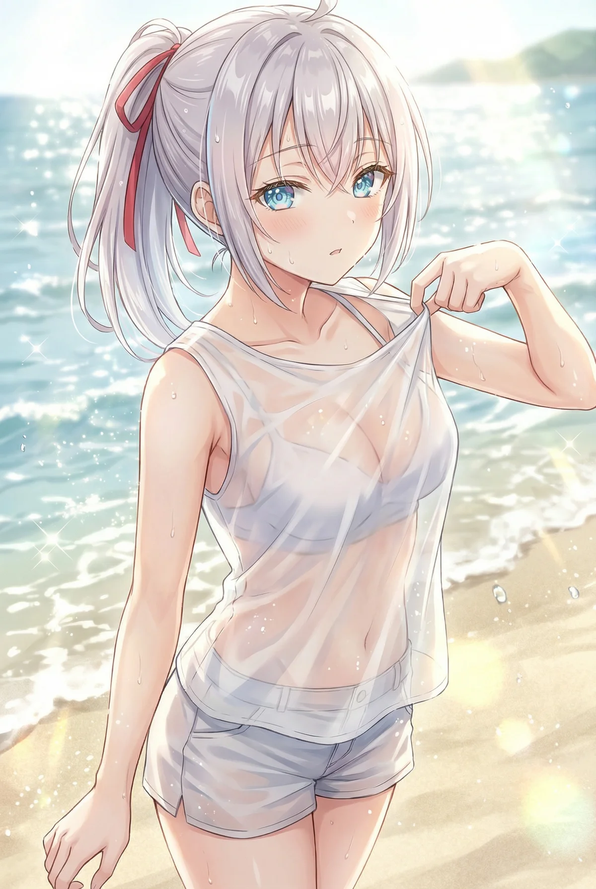 「ロシア語でデレる隣のアーリャさん」のアーリャが夏のビーチに登場！水に濡れて透ける白いシャツと水着姿が眩しい。少しはにかんだ表情が愛らしい一枚です。