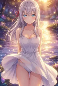 Alya’s Radiant Smile in a White Dress by the Sunset Waters