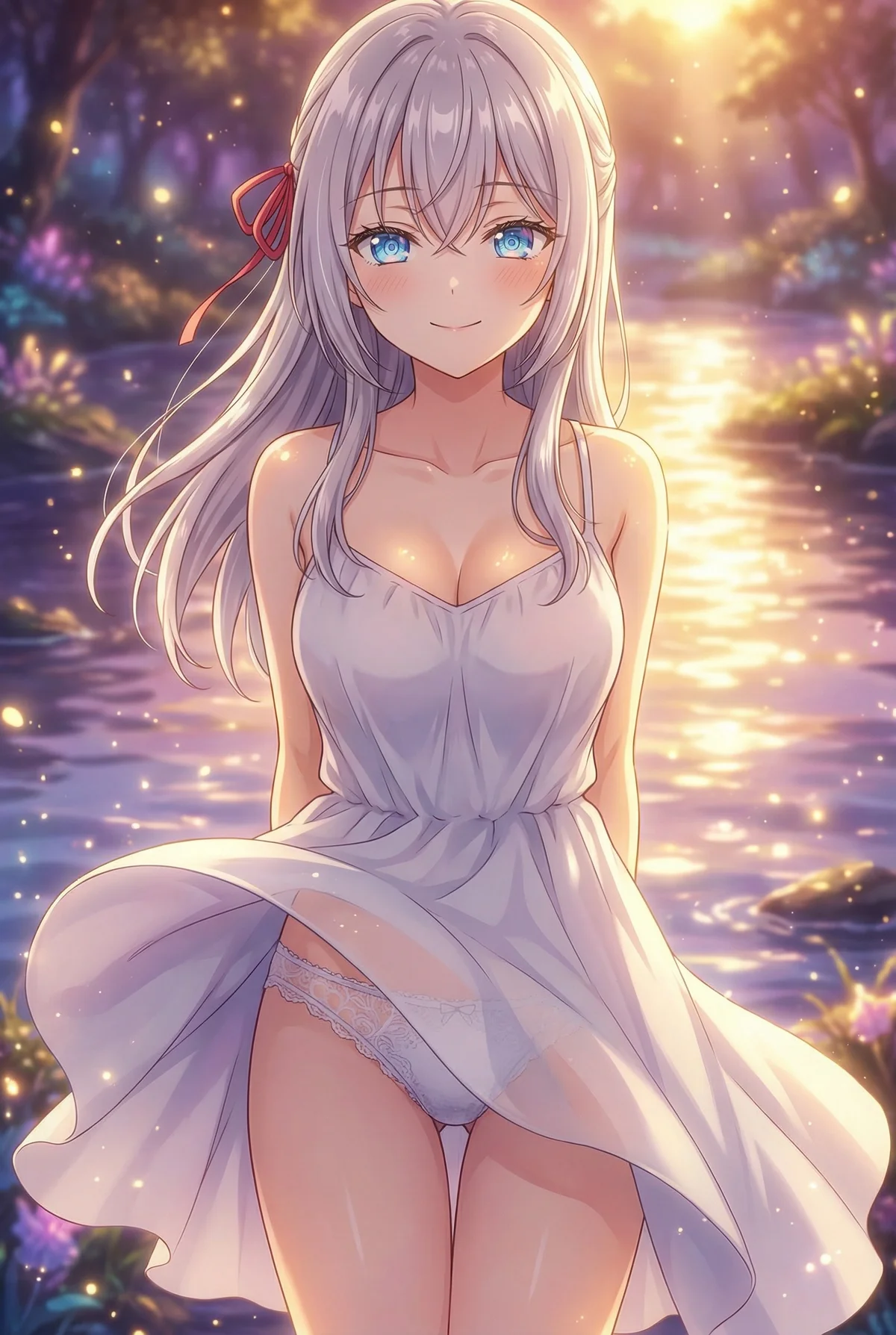 Alya (Arisa Kujou) smiles sweetly in a white dress. By a sunset lake, her fluttering skirt reveals delicate lace.