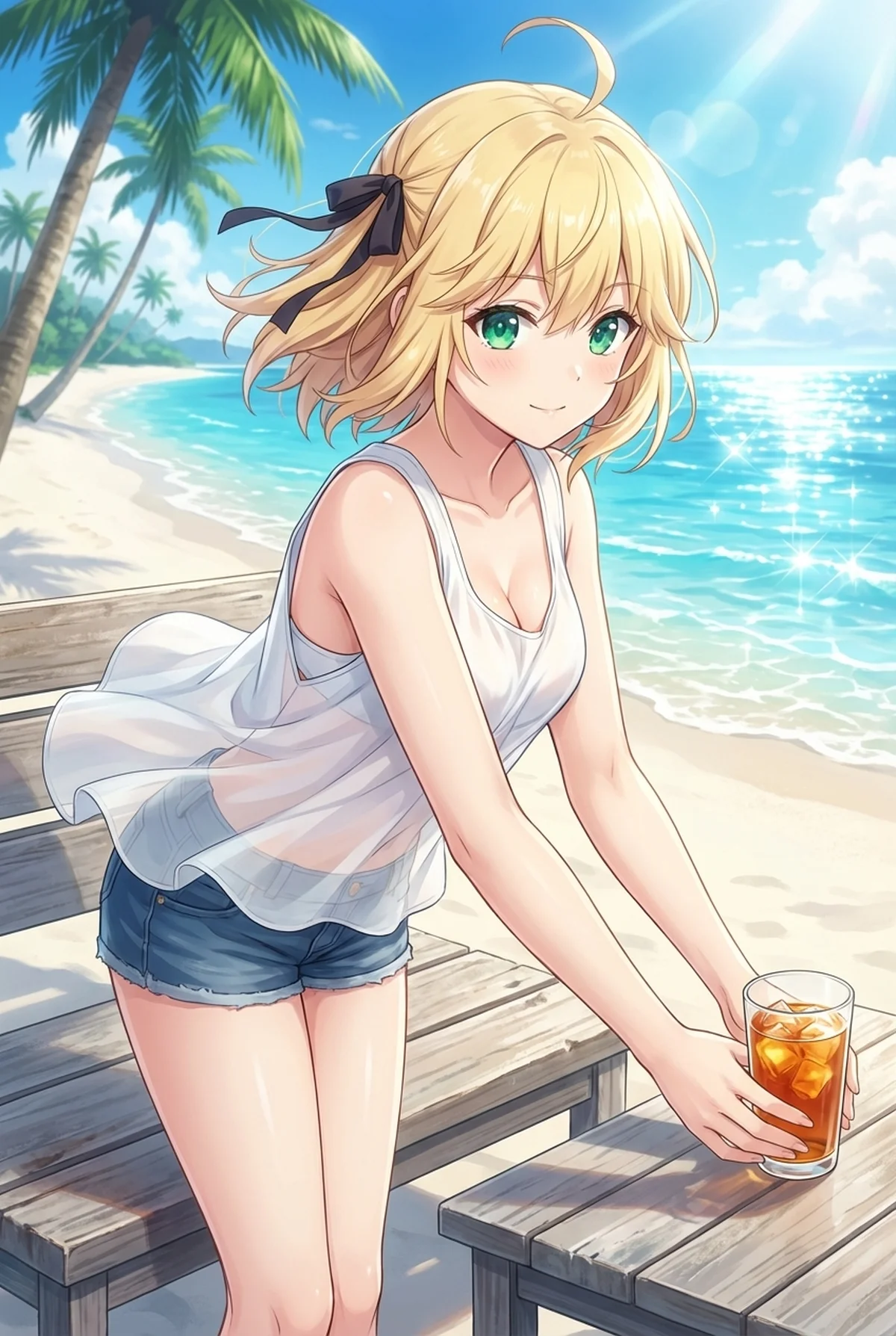 青い空と輝く海が広がるビーチで、アニスフィアが涼しげな白いタンクトップとショートパンツ姿で微笑んでいます。木製のテーブルに置かれた冷たい飲み物が、夏の休息を演出しています。
