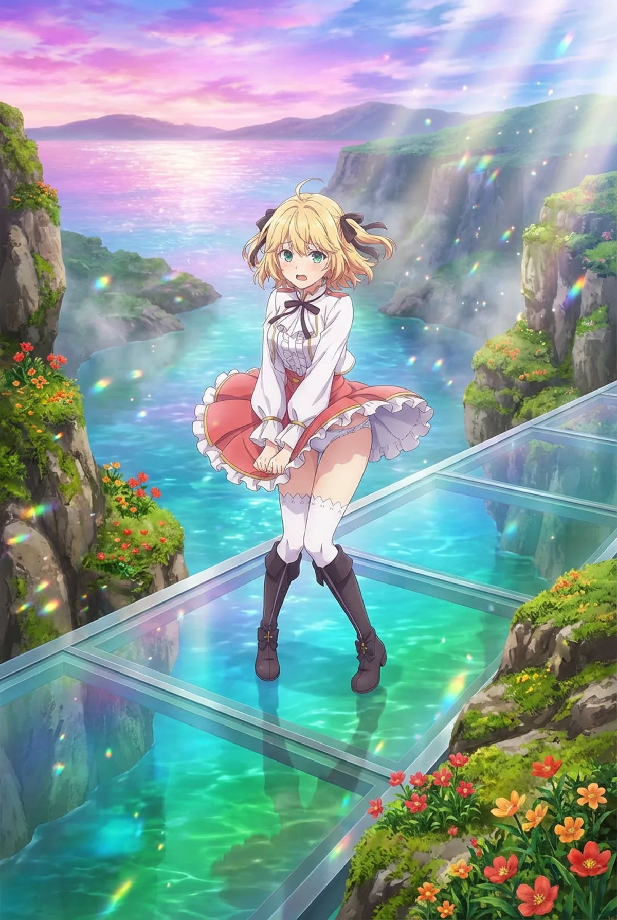 Anisphia from 'Magical Revolution' stands on a glass bridge. Her skirt flutters, revealing a charming, slightly flustered expression. Vibrant skies, sparkling waters, and lush cliffs create a magical scene.