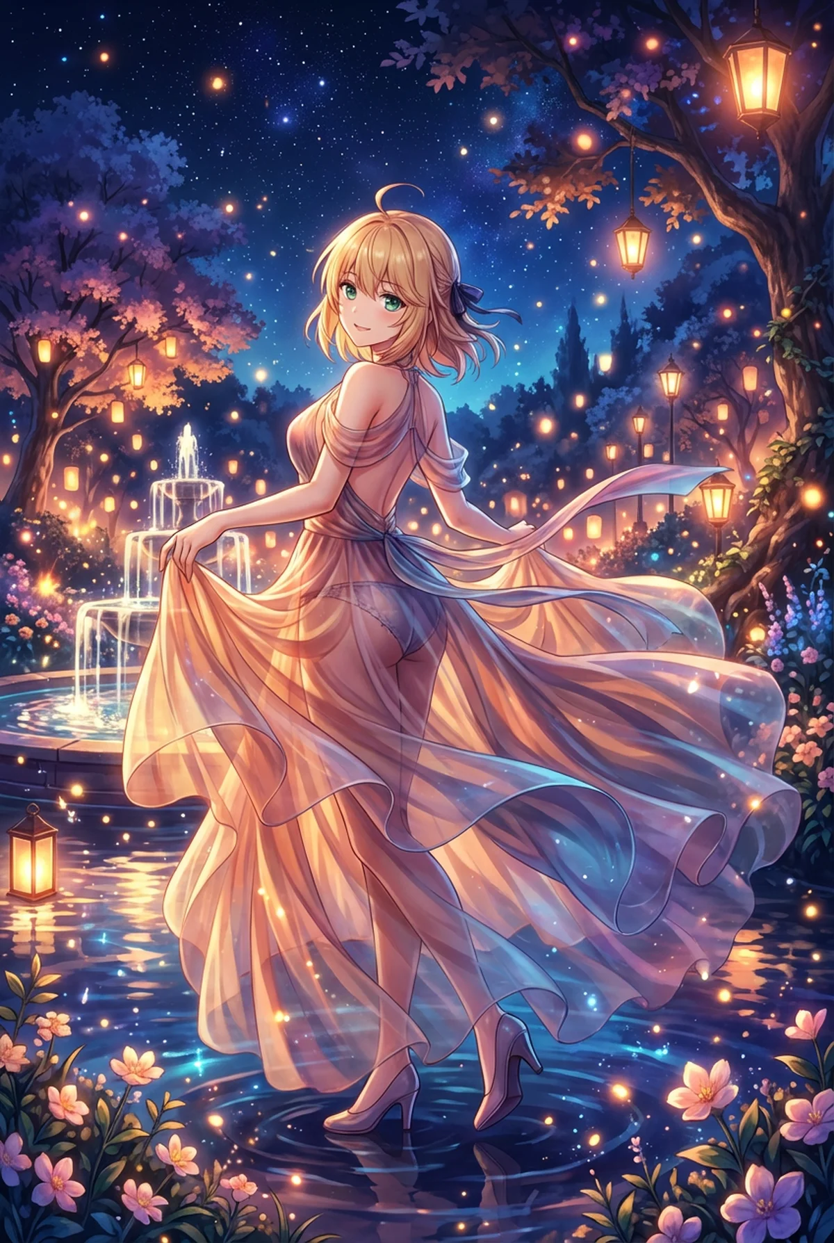 アニスフィアが星空の下、幻想的な夜の庭園で微笑んでいます。光り輝くランタンと噴水が彼女の優美な姿を照らし、透明感のあるドレスが水面で揺らめく、魔法のような瞬間です。