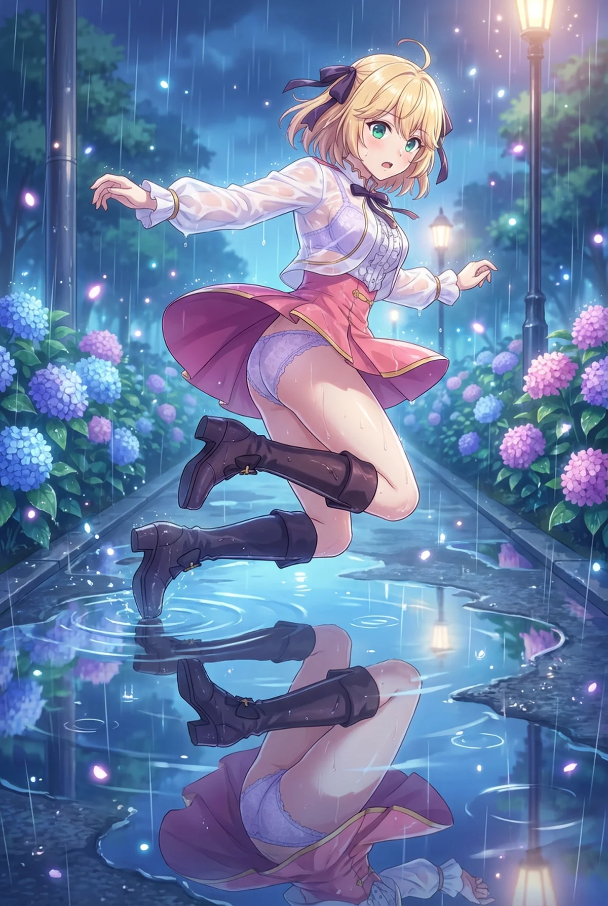 「転生王女と天才令嬢の魔法革命」のアニスフィアが、雨降る夜道で水たまりを軽やかにジャンプ。濡れたシャツと水面に映る姿が魅力的。紫陽花咲く道で、無邪気に水遊びを楽しむ活発な王女様の姿を描いた一枚。