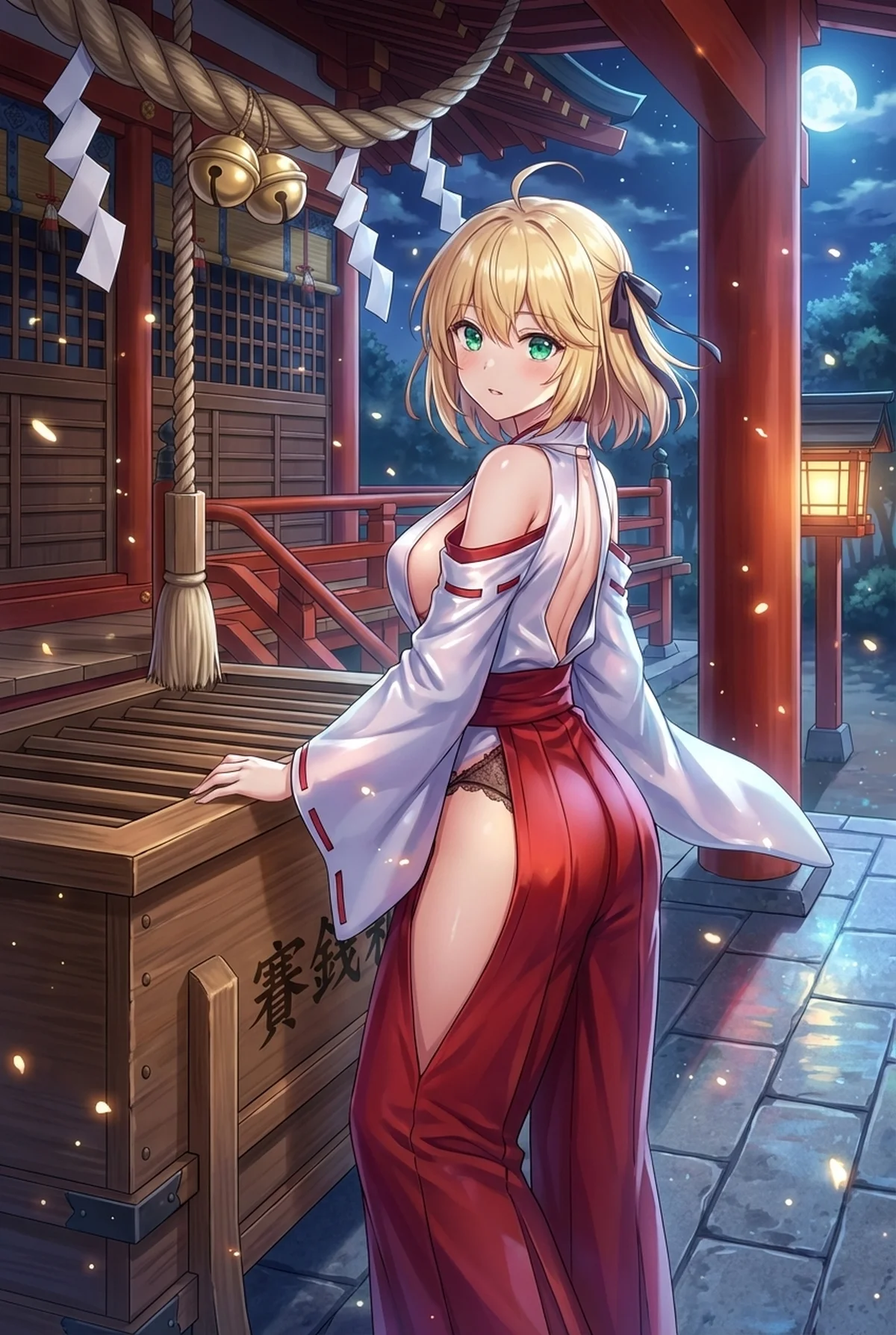 「転生王女と天才令嬢の魔法革命」のアニスフィアが、満月の夜の神社で魅惑的な巫女装束姿を披露。賽銭箱にそっと手を添え、挑発的に振り返る表情が神秘的な魅力を放ちます。