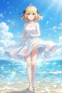 【アニスフィア】真夏のビーチ、白いワンピース姿