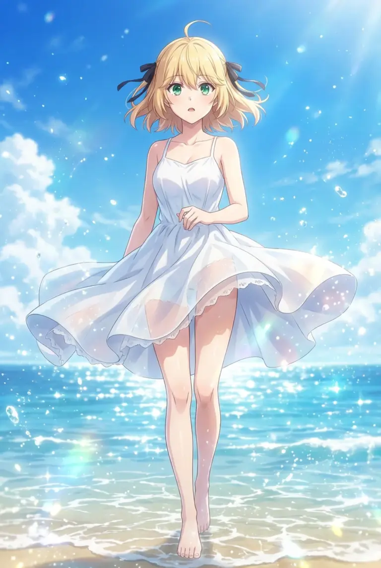 【アニスフィア】真夏のビーチ、白いワンピース姿