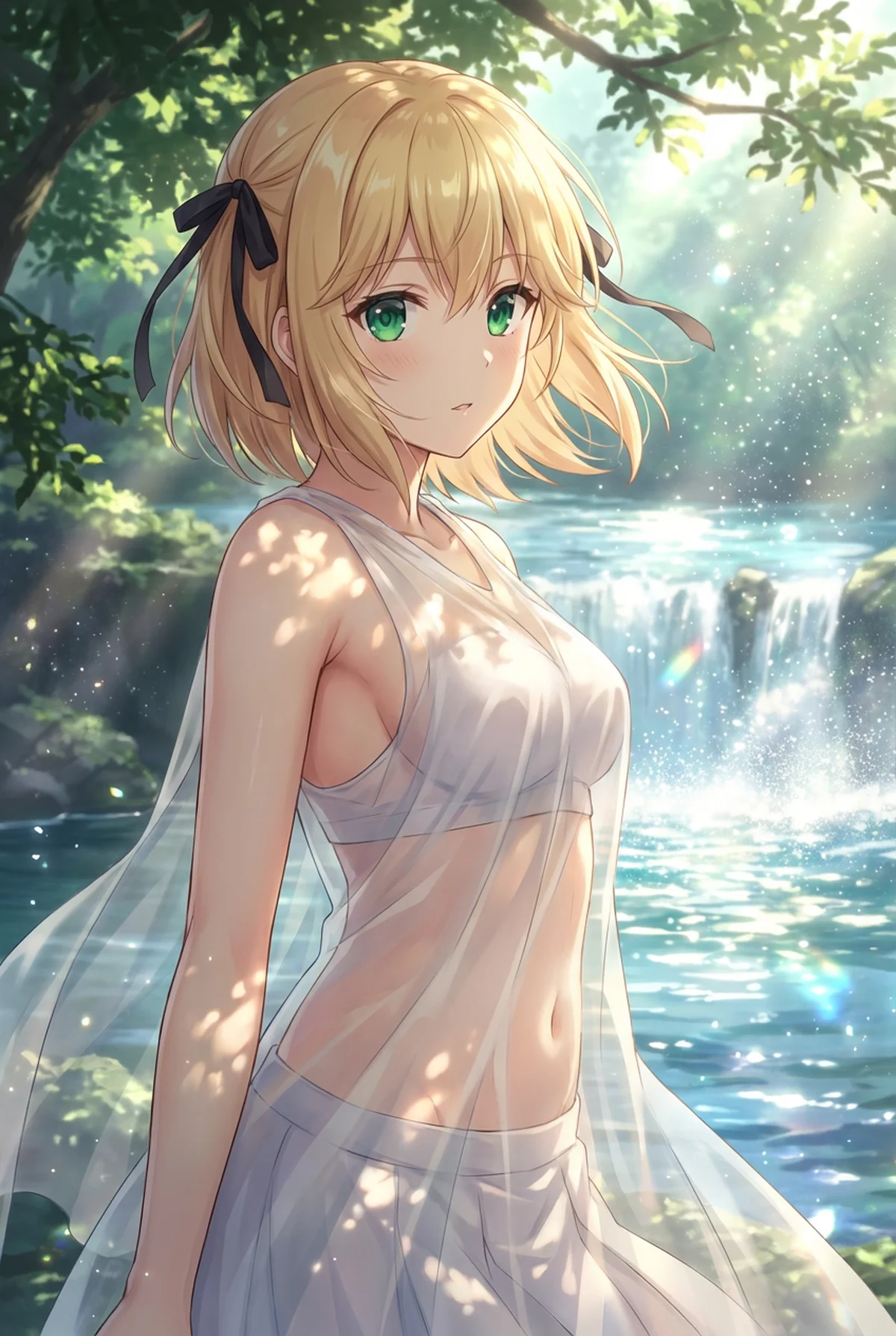 「転生王女と天才令嬢の魔法革命」のアニスフィアが、陽光が降り注ぐ清らかな滝壺で、白い薄布を纏い佇む幻想的な一枚。緑豊かな自然と水しぶきが、彼女の可憐さを際立たせます。