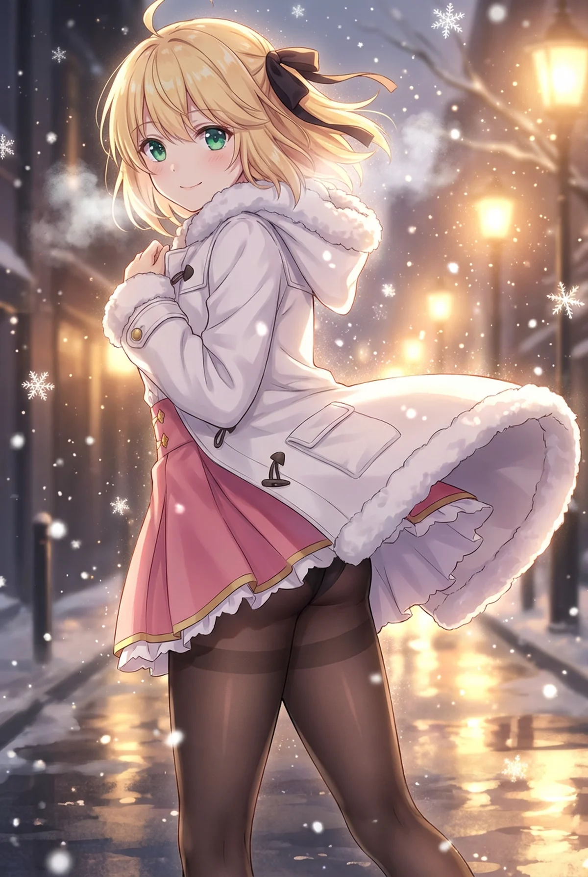 Anisphia from "The Magical Revolution of the Reincarnated Princess and the Genius Young Lady" smiles charmingly on a snowy winter night. Her white coat and tights glow under warm streetlights.