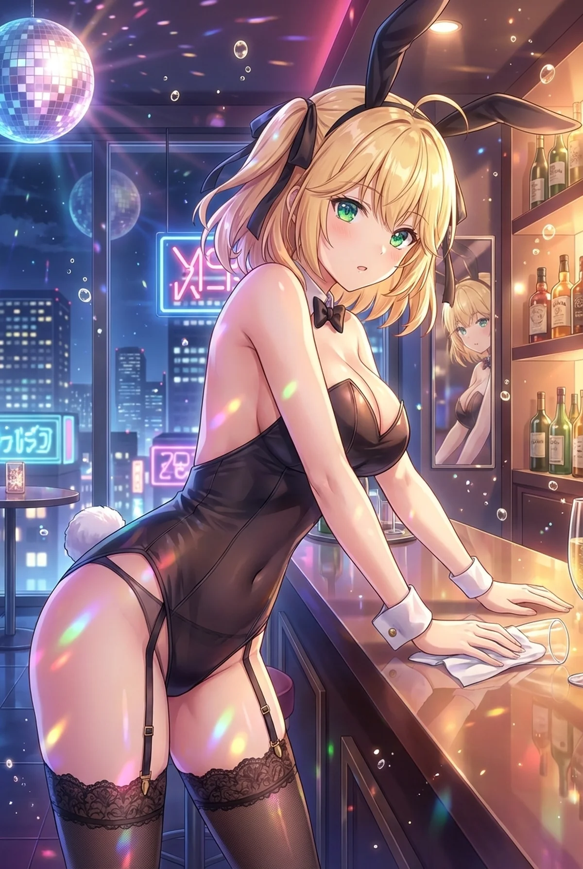 「転生王女と天才令嬢の魔法革命」のアニスフィアが、きらめく夜のバーでバニーガール姿を披露。カウンターでグラスを拭く仕草が魅惑的で、華やかなナイトシーンを演出しています。