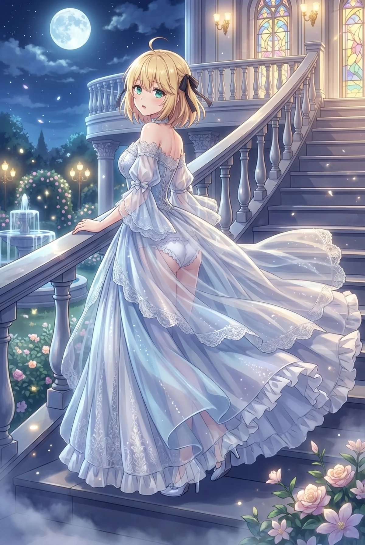 Reincarnated Princess Anisphia Wynn Palettia poses elegantly on a grand staircase. Her beautiful white gown shimmers under a magical full moon in a lavish garden.
