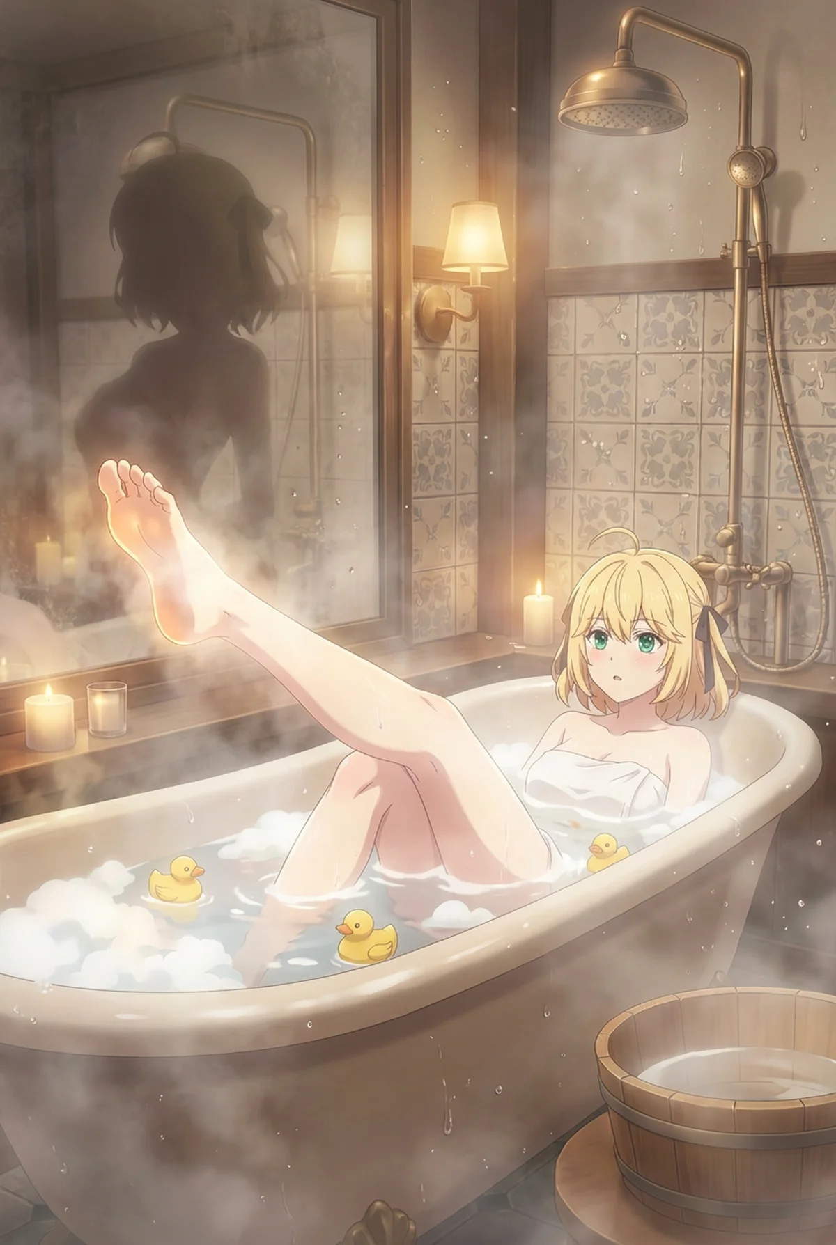 「転生王女と天才令嬢の魔法革命」のアニスフィアが、湯けむり漂うお風呂で優雅にリラックス。キャンドルの灯りが暖かく、アヒル隊長と一緒に心安らぐバスタイムを楽しんでいます。