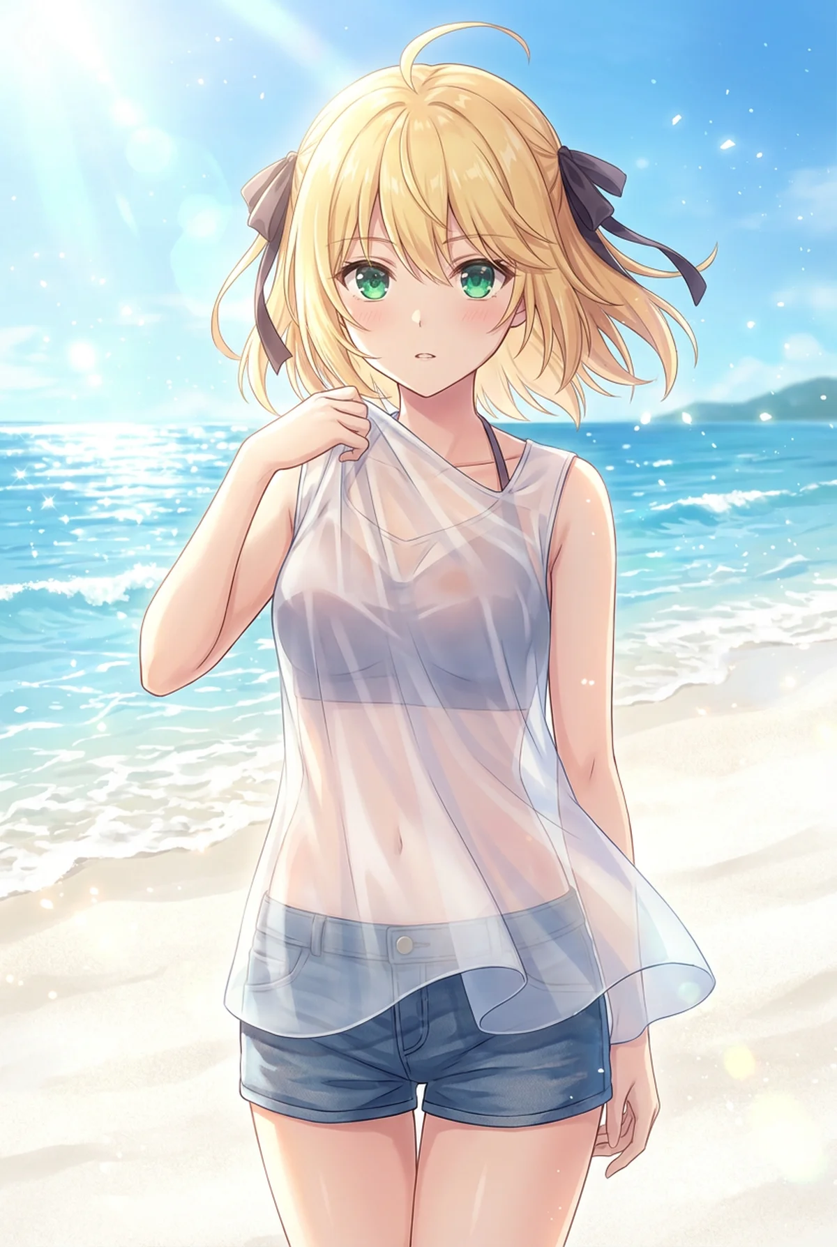 「転生王女と天才令嬢の魔法革命」のアニスフィア・ウィン・パレッティアが、太陽輝く夏のビーチに。透けるトップスとデニムショートパンツ姿で、少し照れたような表情が魅力的。きらめく波打ち際が夏の爽やかさを演出します。