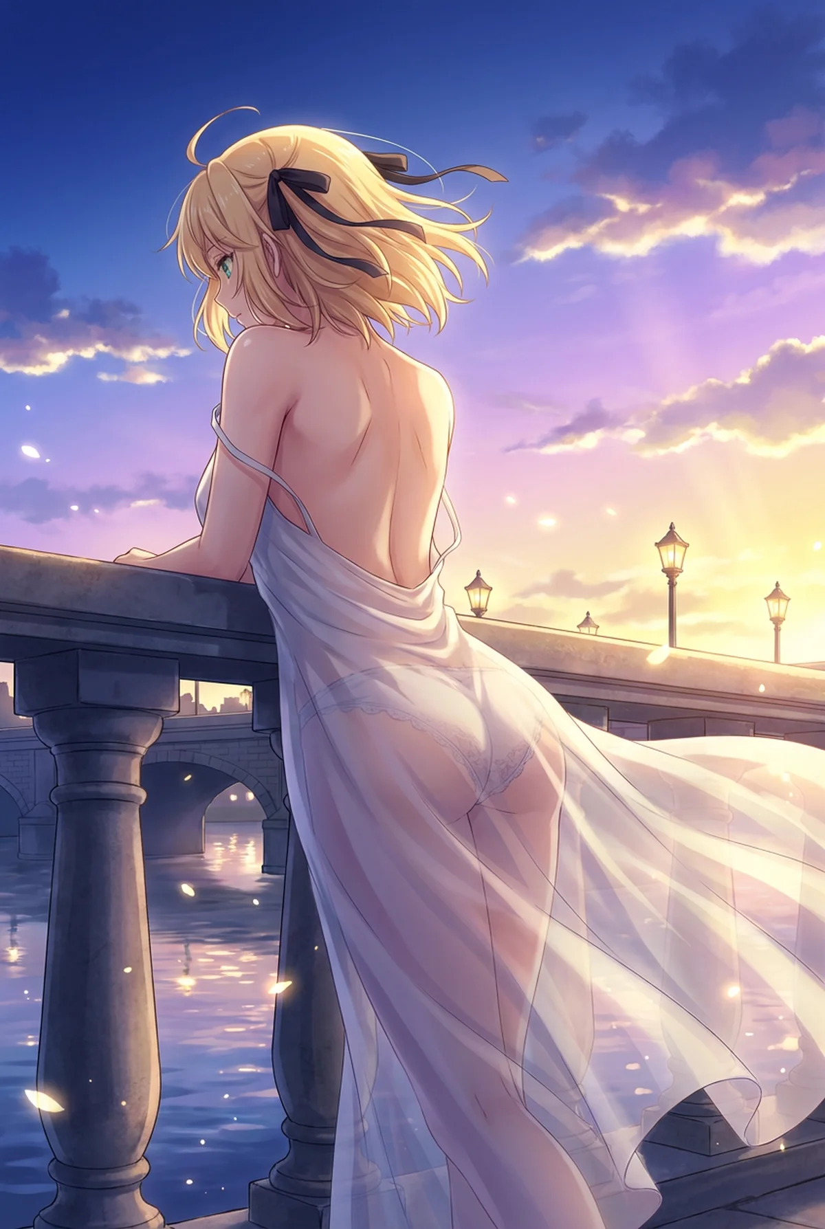 「転生王女と天才令嬢の魔法革命」のアニスフィアが、夕焼けに染まる橋で振り返る優雅な姿。風になびく薄いドレスと水面に映る光が、幻想的な美しさを演出しています。