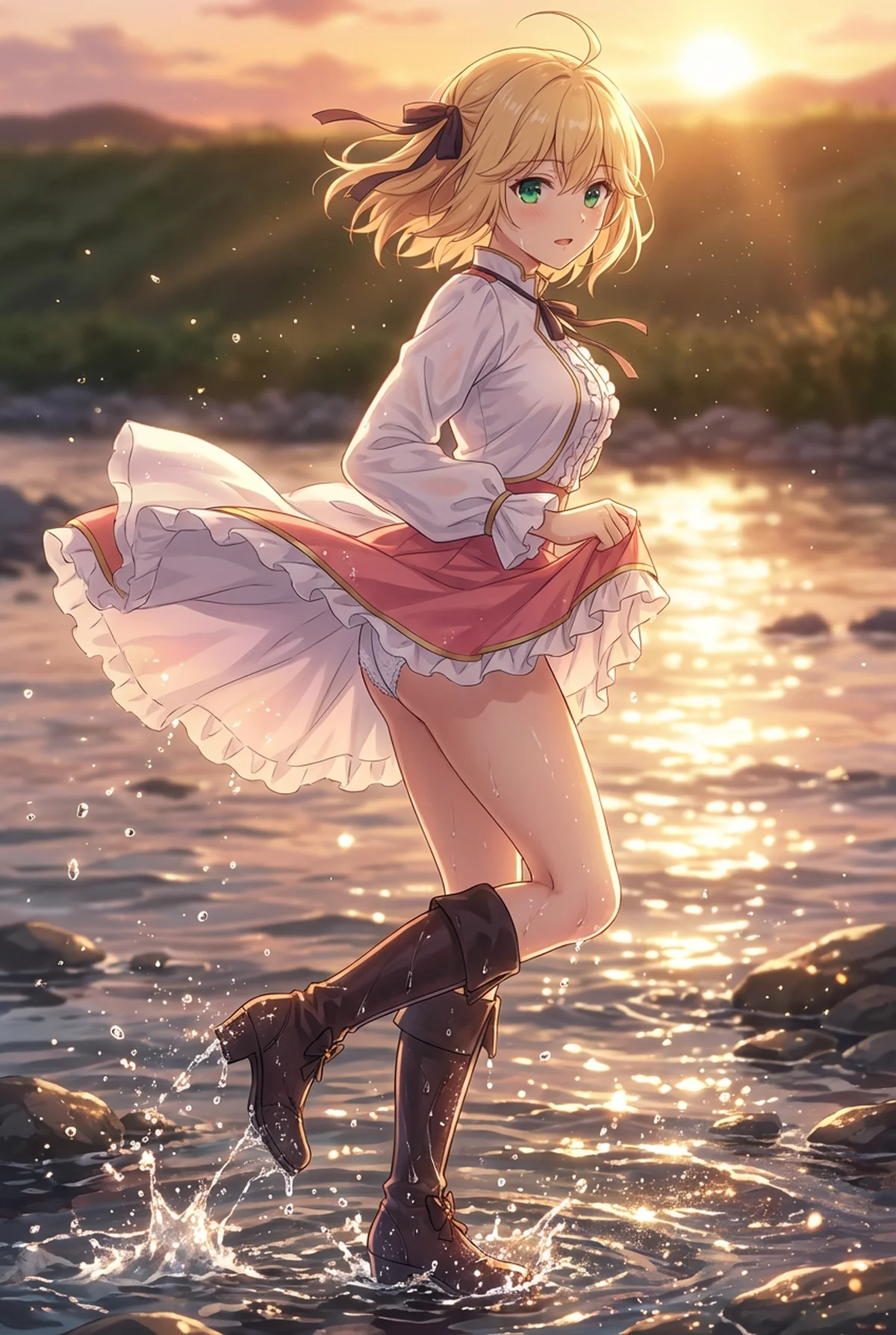 『転生王女と天才令嬢の魔法革命』のアニスフィアが、夕焼けに染まる水辺を軽やかに歩く姿。黄金色の光が水面に反射し、彼女の笑顔を一層輝かせます。優雅で美しい一瞬。