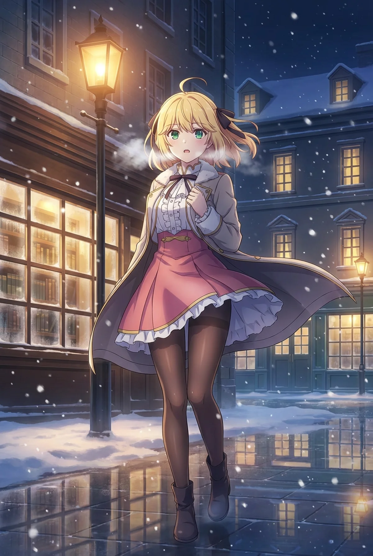 「転生王女と天才令嬢の魔法革命」のアニスフィアが、雪が静かに舞い降る夜の街を歩くイラスト。街灯の温かい光が、寒さで吐く息と白いコート姿を照らし、幻想的な冬の夜を演出しています。