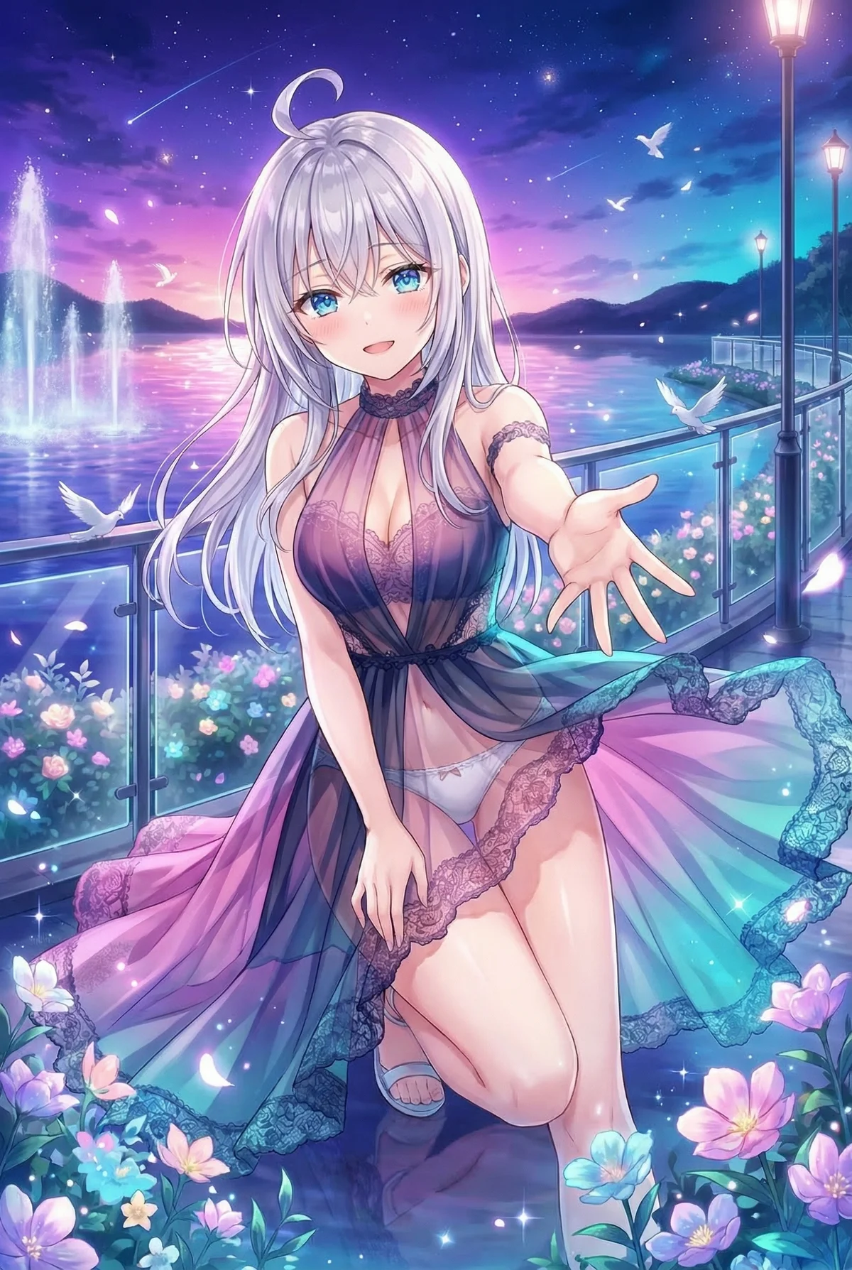 『ロシデレ』アーリャが夢のように美しい夜の湖畔で、魅惑的なドレス姿であなたを誘う。流れ星きらめく空と噴水が幻想的な雰囲気を演出。