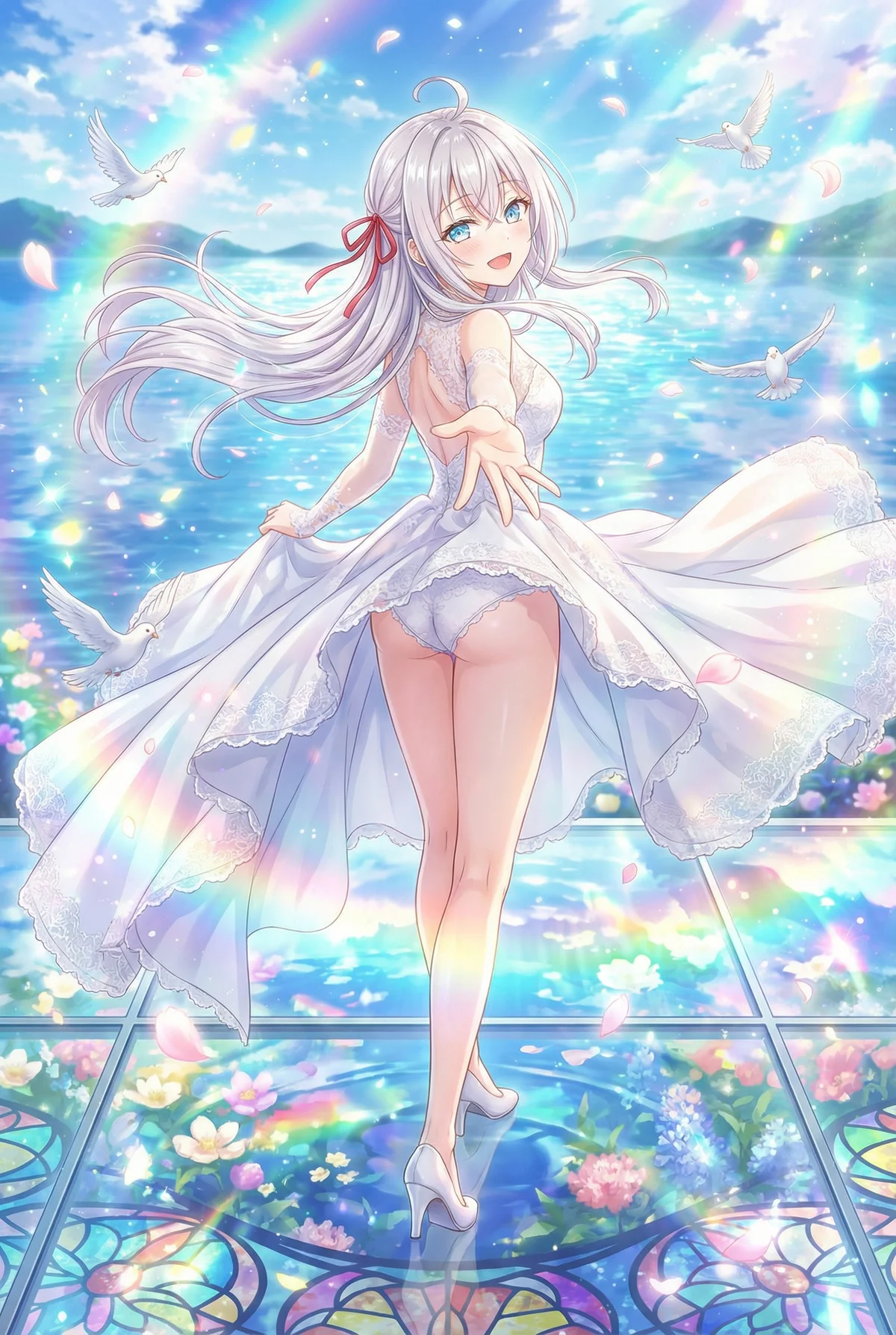 Arisa Alya from "Alya Sometimes Hides Her Feelings in Russian" shines in a stunning wedding dress. Surrounded by a sparkling sea, rainbows, and doves, she extends her hand with a captivating smile, inviting you into a dream.
