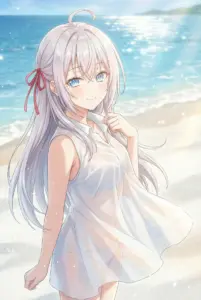 【アーリャ】濡れた白いシャツと夏の海辺で微笑む