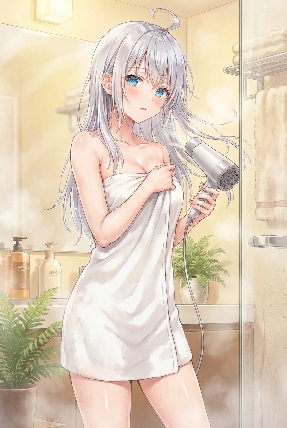 湯上がりのアーリャさんが、白いタオルを体に巻きドライヤーで髪を乾かそうとする瞬間。少し照れたような表情がとても可愛らしい、浴室の温かい雰囲気が伝わる一枚です。