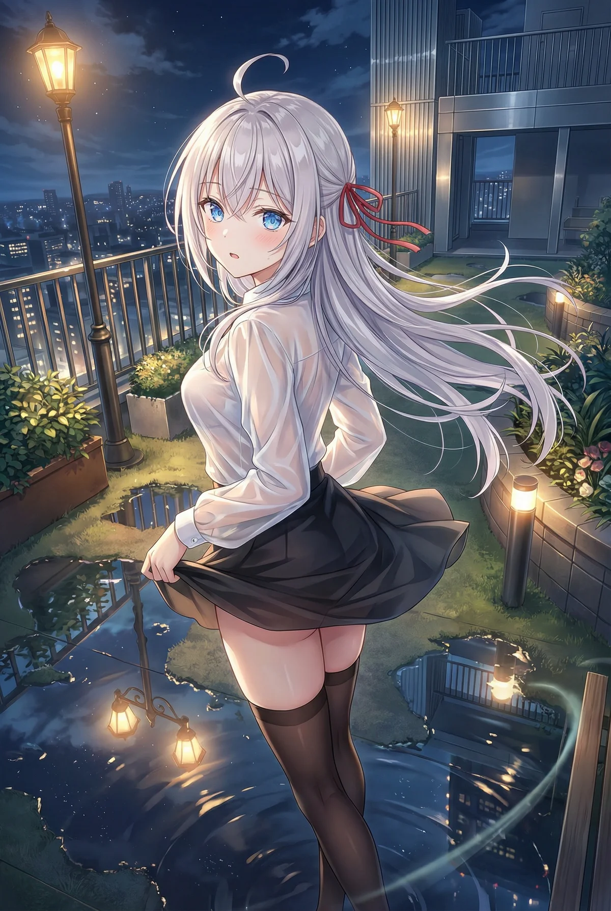 『ロシア語でデレる隣のアーリャさん』のアーリャが、雨上がりの夜景が広がる屋上で登場。シースルーシャツに黒スカート、濡れた路面に反射する光が幻想的な一枚。彼女の魅力が際立つ瞬間です。