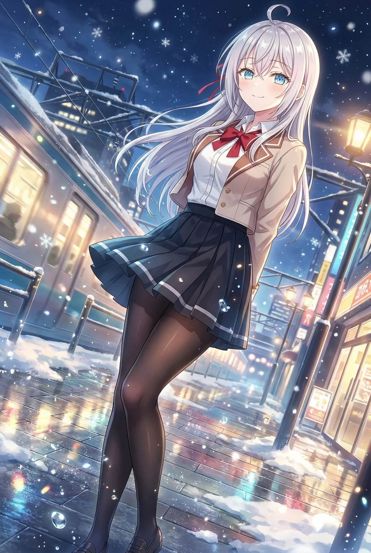 Arisa Kujou from "Alya Sometimes Hides Her Feelings in Russian" smiles gently in her school uniform on a snowy city night. A magical winter scene unfolds with a shimmering cityscape and a train in the background.