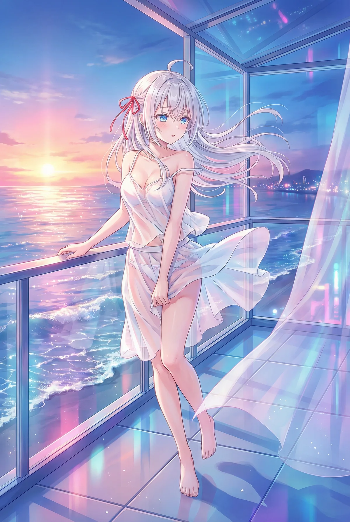 Arisa Kujou (Roshidere) is on a balcony, admiring a beautiful ocean sunset. Her sheer white dress flutters gently, creating a serene and romantic scene.