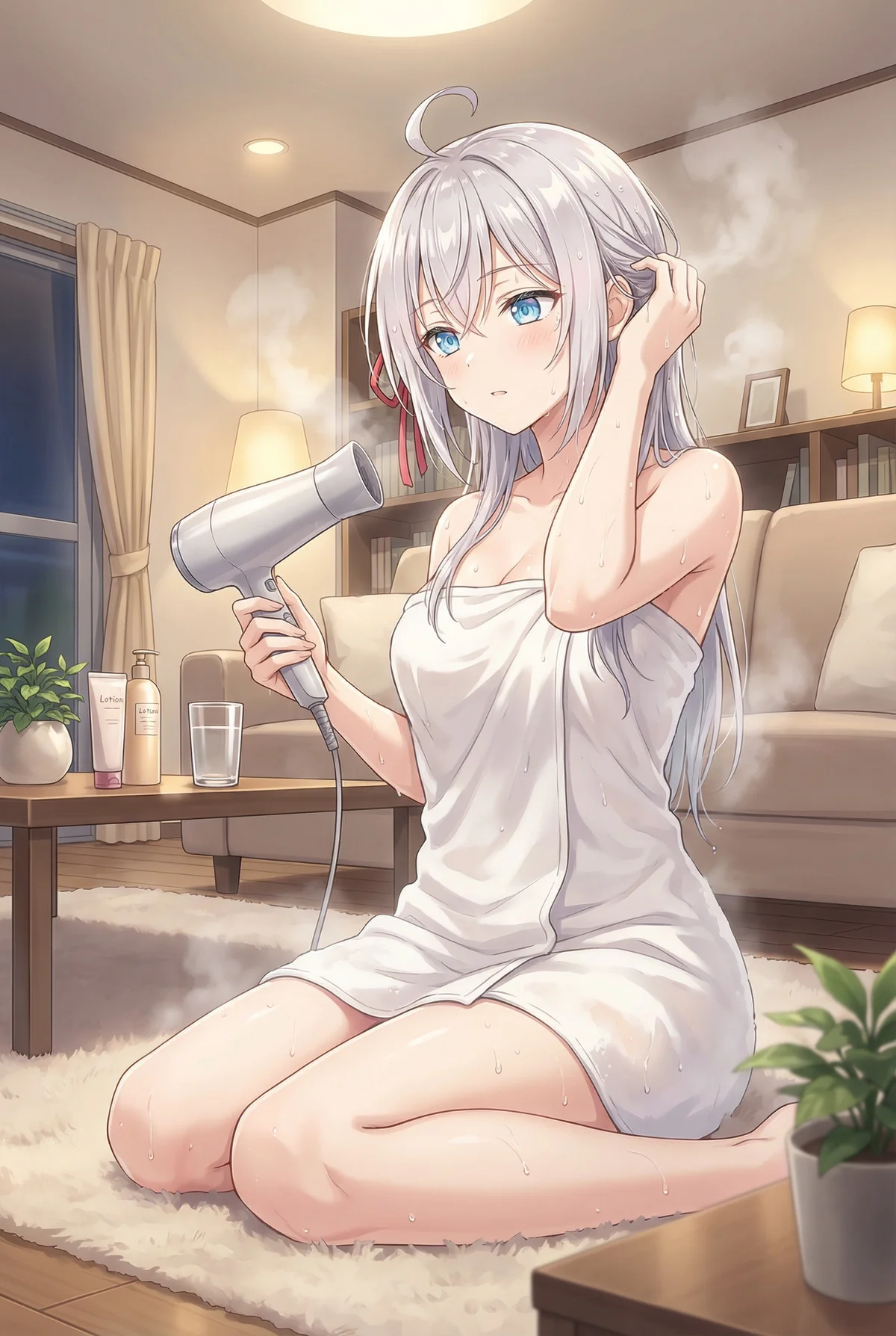 Arisa Kujou from "Roshidere" drying her wet hair in a towel after a relaxing bath. A tender, private moment in a cozy room.
