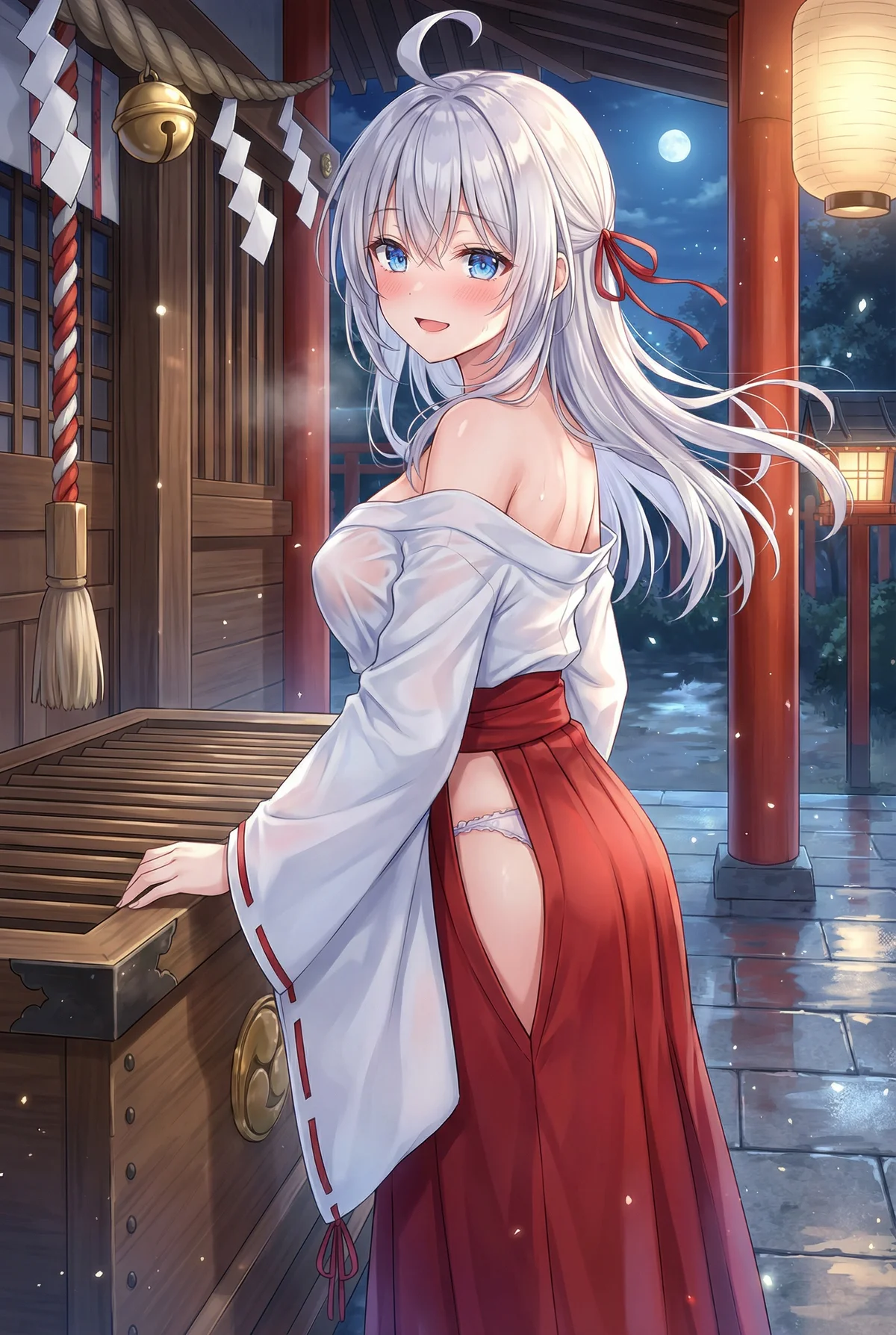 『ロシア語でデレる隣のアーリャさん』のアーリャが、月夜の神社で濡れ透けの巫女服をまとい、はにかむように微笑む幻想的な一枚。