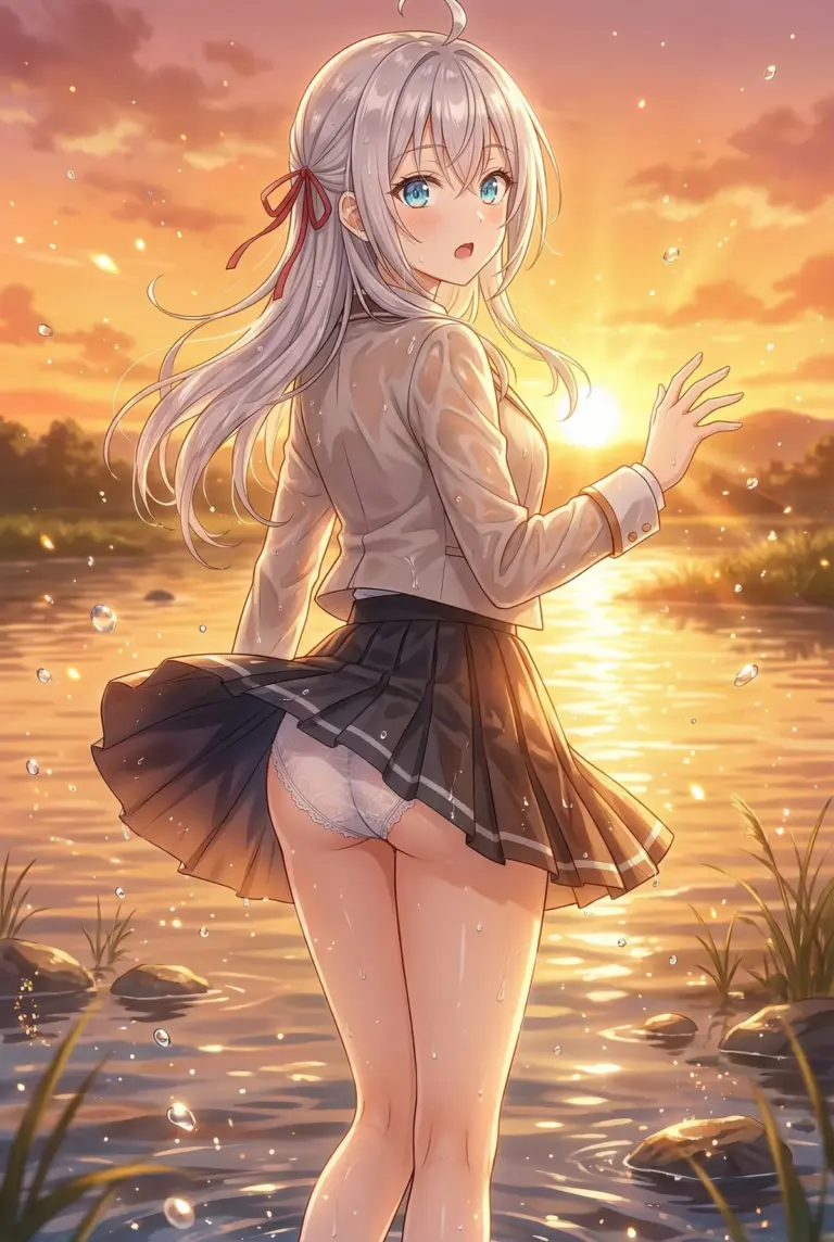 【アーリャ】夕焼けの川辺で濡れた制服姿