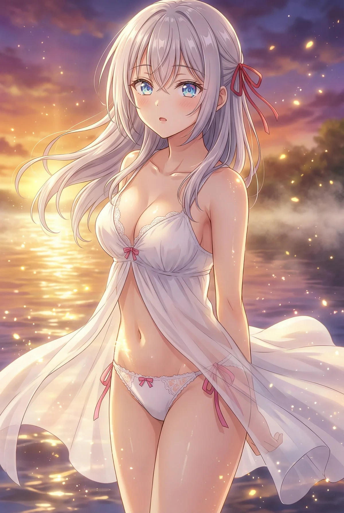 Arisa Kujou from 'Roshidere' at a golden sunset, dressed in pure white lingerie. Her shy blush and the shimmering water evoke an ethereal charm.