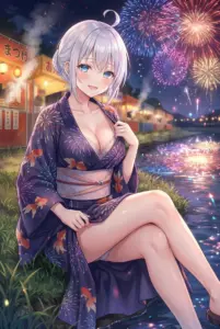 【アーリャ】夏の夜空を彩る花火と涼やかな浴衣姿