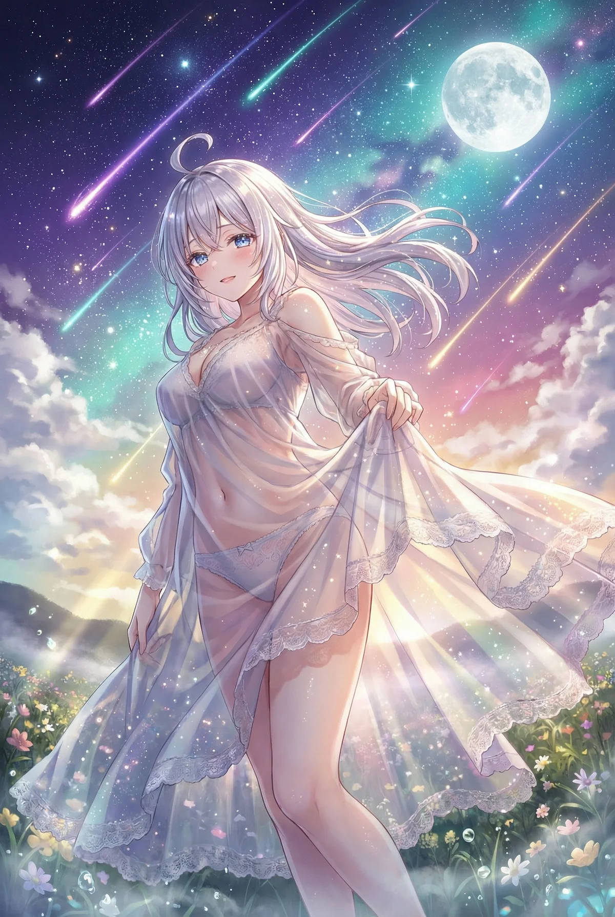 『ロシア語でデレる隣のアーリャさん』のアーリャが、満月と流星が降り注ぐ幻想的な夜空の下、透け感のある衣装で微笑む美しいイラスト。夢のような情景が広がります。