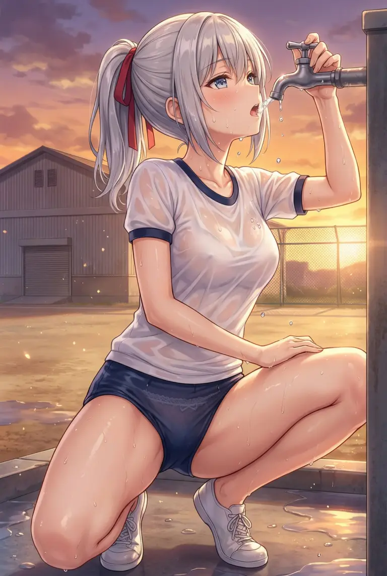 【アーリャ】夕焼けに染まる濡れ体操服姿