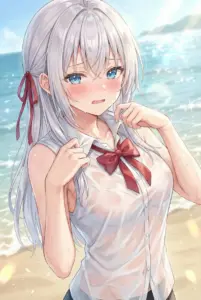 【アーリャ】海辺で濡れたYシャツ姿の恥じらい