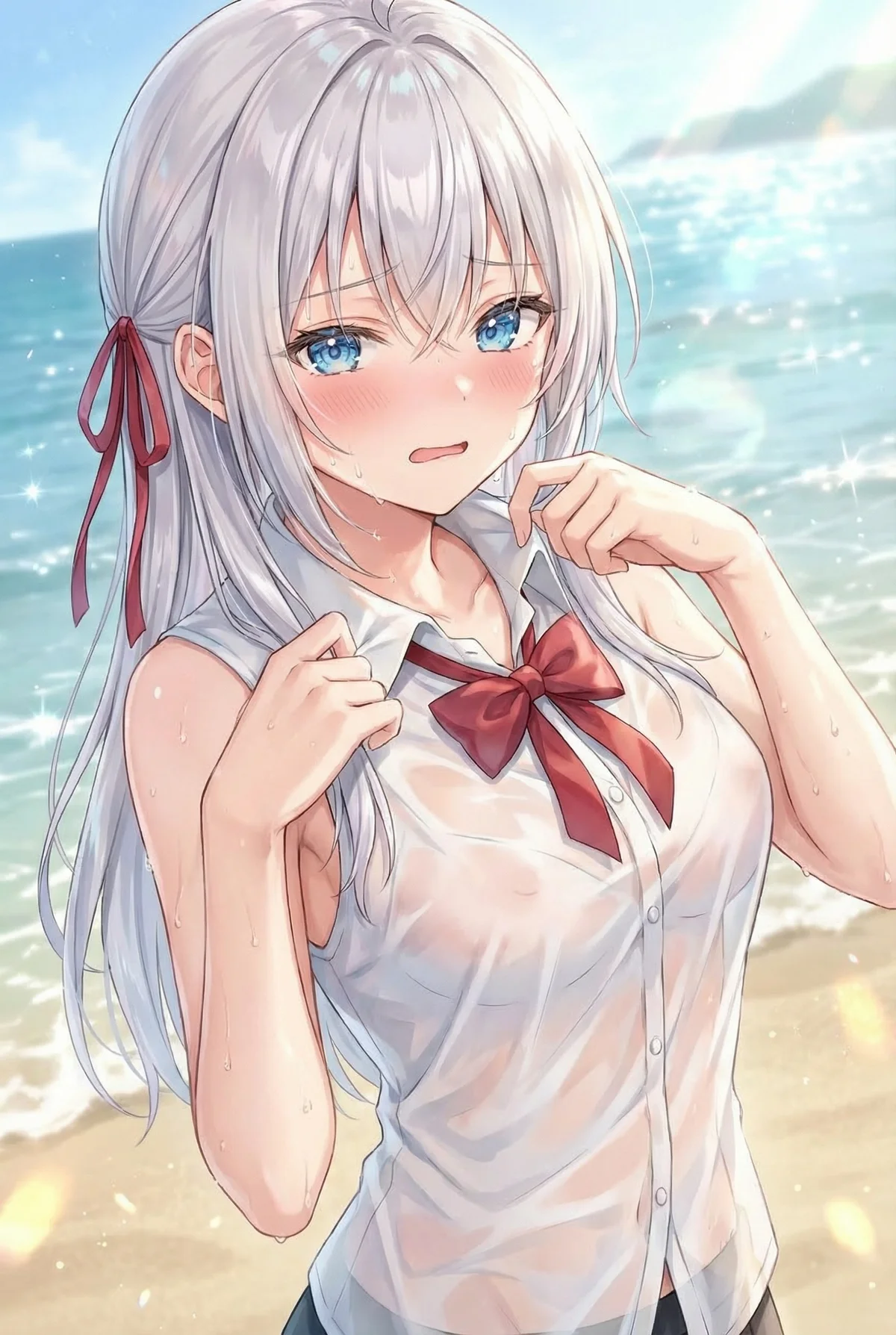 「ロシア語でデレる隣のアーリャさん」のアリサ・ミハイロヴナ・九条（アーリャ）が、ビーチで濡れたYシャツ姿で恥ずかしがっている様子。透明感のある肌と水滴が魅力的です。