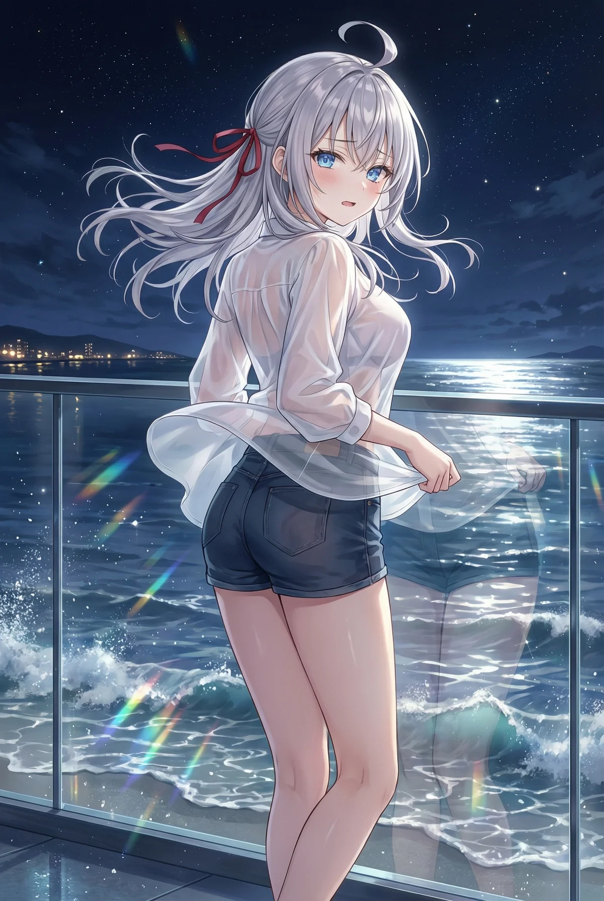 Alisa (Arya-san) from Roshidere blushes on a starry night balcony. Her sheer shirt flutters gently by the moonlit ocean.