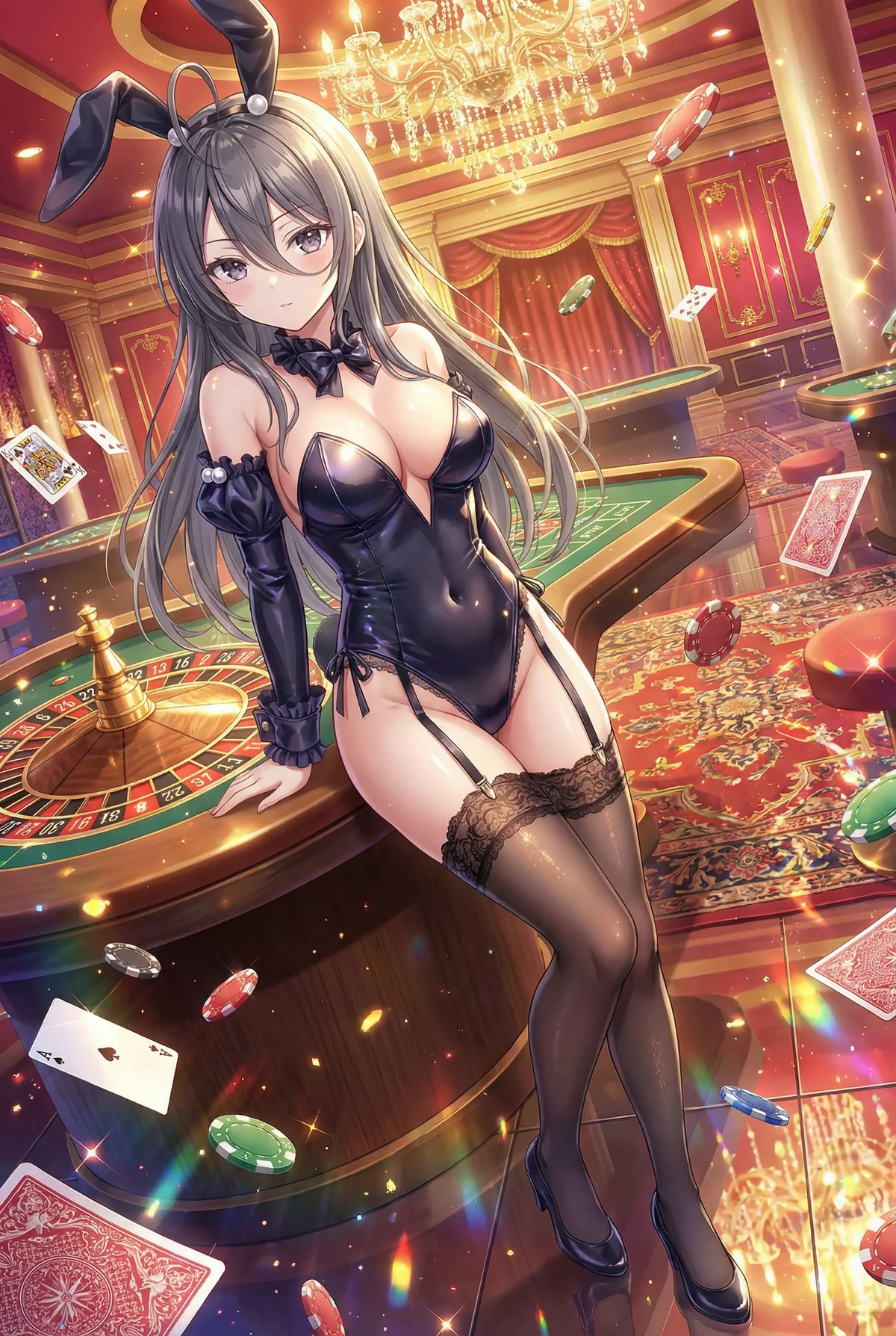 「ロシア語でデレる隣のアーリャさん」の君嶋綾乃が、豪華なカジノでセクシーなバニーガール姿を披露。ルーレットに寄りかかり、舞い散るチップとカードが華やかな夜を彩ります。