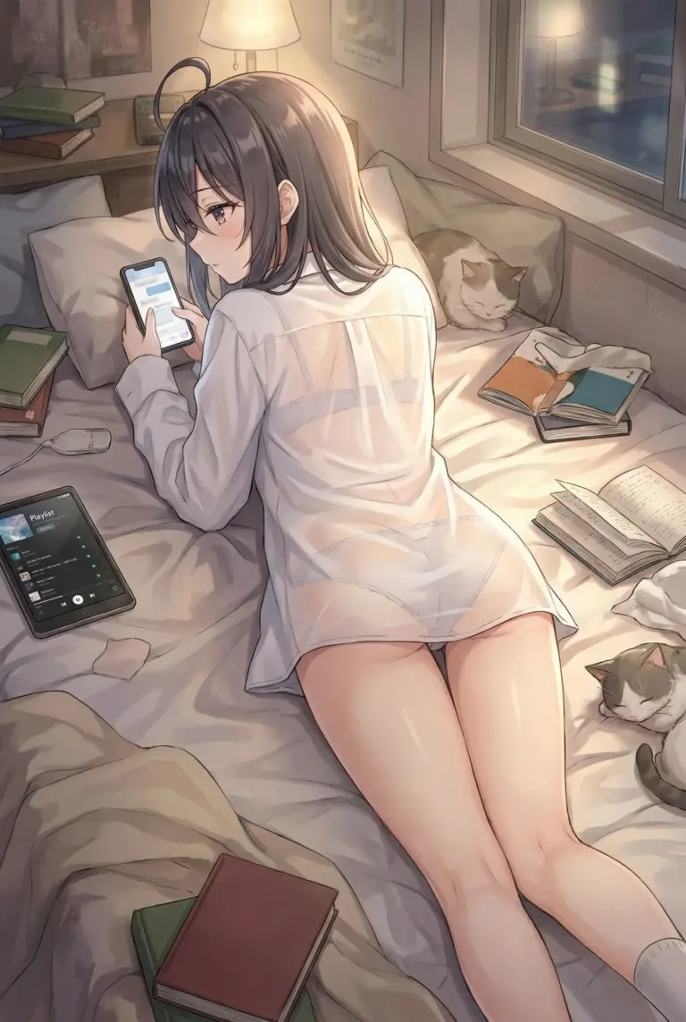 【君嶋 綾乃】寝室でのんびり、透けるシャツ姿