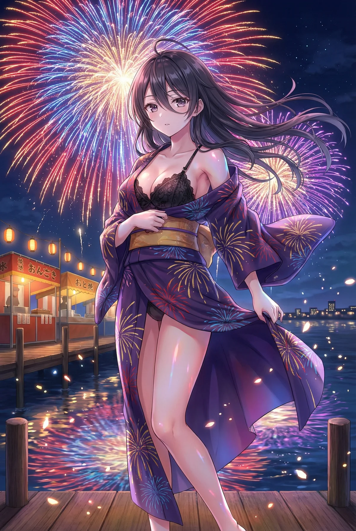 Ayano Kimijima from "Alya Sometimes Sweet" stands on a pier at a vibrant fireworks festival. Her purple yukata is open, subtly revealing a black bra, adding a seductive charm to the summer night. Fireworks beautifully light up the sky and reflect on the water.