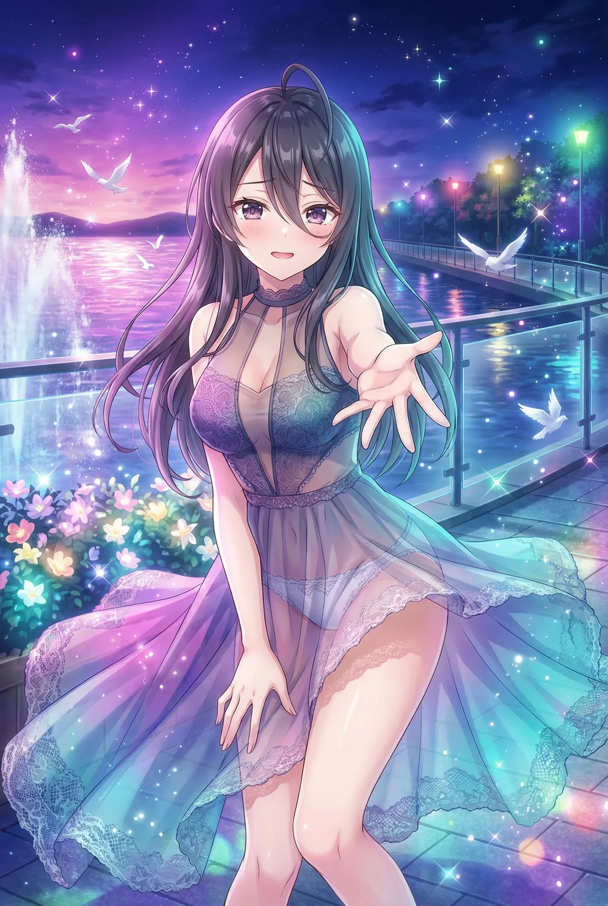 Ayano Kimijima from "Alya Sometimes Hides Her Feelings in Russian" extends her hand, wearing a beautiful sheer dress against a starry night fountain and waterfront. Her blushing expression and the magical lighting create a romantic and captivating atmosphere.