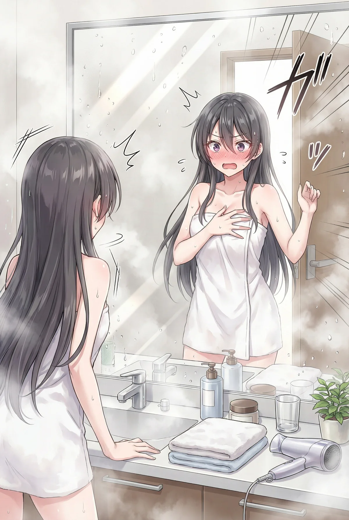 「ロシア語でデレる隣のアーリャさん」の君嶋 綾乃。シャワーを浴びた後、タオル姿で鏡に映る自分の姿に恥じらう綾乃。湯気で曇った浴室で、胸を押さえ、頬を染めて驚く様子が可愛らしい一枚です。